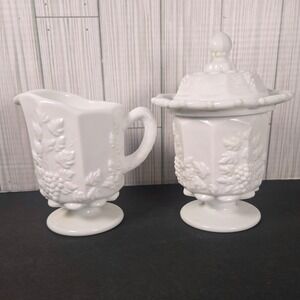 Vtg Westmoreland Milk Glass Creamer and Sugar Set Grape Vine Pattern Farmhouse